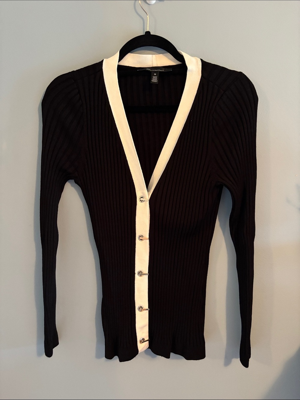 White House Black Market Ribbed Metal Toggle Cardigan with Cream Trim
